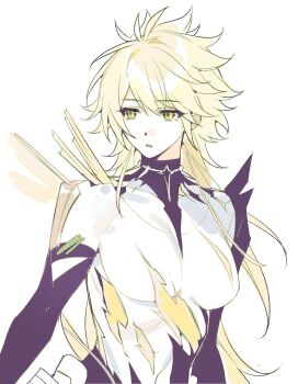 1girl blonde_hair breasts genderswap genderswap_(mtf) highres honkai:_star_rail honkai_(series) long_hair medium_breasts no_nipples parted_lips phainon_(honkai:_star_rail) phainon_(khaslana)_(honkai:_star_rail) riko1212 simple_background solo upper_body very_long_hair white_background yellow_eyes