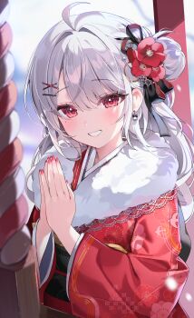 Rule 34 | 1girl, absurdres, ahoge, blush, commentary request, fingernails, flower, fur scarf, grey hair, grin, hair bun, hair ornament, hairclip, hanamiya rica, hands up, hatsumoude, highres, indie virtual youtuber, japanese clothes, kanzashi, kimono, kithera, long hair, long sleeves, looking at viewer, mole, mole under eye, nail polish, new year, own hands together, palms together, parted bangs, print kimono, red eyes, red flower, red kimono, red nails, smile, solo, upper body, virtual youtuber, wide sleeves, x hair ornament