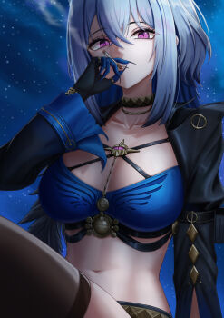 1girl absurdres black_jacket blue_bra blue_nails bra breasts cleavage collarbone commentary commonalty fingernails galbrena_(wuthering_waves) gold_choker hair_between_eyes highres jacket large_breasts long_sleeves looking_at_viewer mole mole_on_neck navel night open_clothes open_jacket outdoors paid_reward_available parted_lips purple_eyes sharp_fingernails sitting smoking solo stomach underwear variant_set very_long_fingernails wuthering_waves