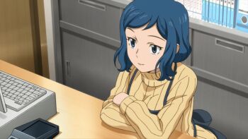 10s 1girl 2013 animated animated_gif anime_screenshot apron aqua_eyes blue_hair blush breasts closed_eyes closed_mouth computer computer_keyboard counter crossed_arms gundam gundam_build_fighters happy iori_rinko large_breasts leaning_on_table lipstick makeup mature_female monitor shop smile solo standing sweater tagme turtleneck turtleneck_sweater yellow_sweater