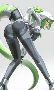 1girl :p arknights arknights:_endfield ass bent_over black_bodysuit black_gloves bodysuit cameltoe commentary english_commentary feet_out_of_frame fingerless_gloves fluorite_(arknights) gloves green_eyes green_hair green_tail grey_background hand_on_own_hip highres hood hood_up long_hair long_sleeves looking_at_viewer profile rdy simple_background solo standing tail tongue tongue_out