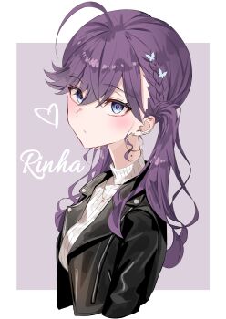 1girl :/ absurdres ahoge black_jacket blue_eyes blush border braid butterfly_hair_ornament character_name commentary cropped_torso gakuen_idolmaster hair_ornament heart highres idolmaster jacket jewelry kaya_rinha leather leather_jacket long_hair looking_at_viewer macchi_(gduv5257) mole mole_on_neck necklace pink_background purple_hair ribbed_sweater simple_background solo sweater twintails upper_body white_border white_sweater