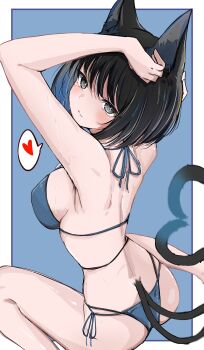 1girl arm_up armpits back bikini black_eyes black_hair black_tail blue_archive blue_background blue_bikini blue_tail blush breasts cat_girl cat_tail closed_mouth colored_inner_animal_ears commentary_request covered_erect_nipples halterneck heart highres inset_border kikyou_(blue_archive) kikyou_(swimsuit)_(blue_archive) large_breasts multi-strapped_bikini_bottom multiple_tails no_halo official_alternate_costume short_hair side-tie_bikini_bottom sitting solo swimsuit tail thighs toshino_niko wariza