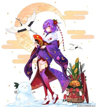 1girl 2013 :&gt; animal_print aran_(sennen_sensou_aigis) bird blush bucket character_snowman closed_umbrella commentary company_name copyright_notice crane_(animal) crescent_moon crescent_ornament crescent_print diamond_(shape) egasumi flower full_body fur-trimmed_kimono fur_trim gradient_thighhighs hair_flower hair_ornament hand_fan highres holding holding_fan japanese_clothes kadomatsu kimono lace lace-trimmed_kimono lace_trim looking_at_viewer looking_to_the_side medium_hair moon new_year obi official_art oil-paper_umbrella paper_fan planted planted_umbrella print_kimono purple_hair purple_kimono purple_thighhighs rabbit_print red_eyes red_flower red_thighhighs red_umbrella sagara_riri sash sennen_sensou_aigis shoes snow snow_rabbit solo standing thighhighs tram_(sennen_sensou_aigis) umbrella white_background wide_sleeves wooden_bucket