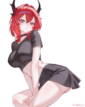 Rule 34 | 1girl, absurdres, arknights, arknights: endfield, black horns, black shirt, black skirt, breasts, commentary request, demon girl, demon horns, higekuru, highres, horns, laevatain (arknights), large breasts, looking at viewer, midriff, purple eyes, red hair, shirt, short hair, simple background, skirt, solo, surtr (arknights), thighs, twitter username, white background
