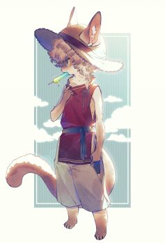 1boy animal_feet blue_eyes body_fur brown_fur brown_hair cat_boy claws cloud collar_tug commentary digitigrade ears_through_headwear food food_in_mouth fuji_166 full_body furry furry_male hat highres looking_to_the_side male_focus mouth_hold original popsicle popsicle_in_mouth red_shirt shirt short_hair sleeveless sleeveless_shirt solo standing sun_hat symbol-only_commentary tail yellow_background