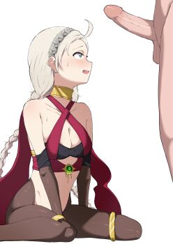 1boy 1girl absurdres ahoge alternate_costume bare_shoulders bodystocking braid breasts bridal_gauntlets bridal_legwear cleavage closed_eyes commission commissioner_upload cosplay criss-cross_halter dancer dorothea_arnault dorothea_arnault_(plegian) dorothea_arnault_(plegian)_(cosplay) fazekas fire_emblem fire_emblem_fates fire_emblem_heroes gold_collar hairband halterneck harem_outfit hetero highres jewelry kiran_(fire_emblem) long_hair looking_at_penis low_twin_braids low_twintails male_kiran_(fire_emblem) medium_breasts nina_(fire_emblem) nintendo non-web_source open_mouth parted_bangs penis_awe thighlet thighlet twin_braids twintails white_hair