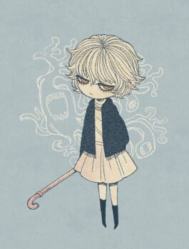 Rule 34 | .flow, 1girl, black jacket, black thighhighs, blue background, chibi, closed mouth, eleanor (ohmyeleanor), expressionless, hand in pocket, holding, holding lead pipe, holding weapon, industrial pipe, jacket, jitome, lead pipe, looking to the side, messy hair, open clothes, open jacket, orange eyes, pleated skirt, sabitsuki, short hair, skirt, solo, thighhighs, weapon, white hair, white skirt