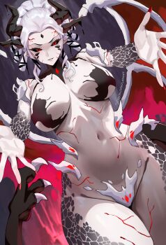 1girl black_horns black_scales black_sclera breasts colored_sclera commentary cowboy_shot crotch_plate dragon_girl dragon_horns dragon_wings english_commentary forehead_jewel grey_hair highres horns lainart large_breasts low_wings multiple_wings navel nude nue red_background red_wings rwby salem_(rwby) solo wings