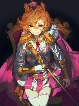 Rule 34 | 1girl, absurdres, animal ears, armor, bow, breasts, cane, cape, crown, ear ribbon, fingerless gloves, gloves, gold corset, hair between eyes, hashtag-only commentary, highres, holding, holding cane, horse ears, horse girl, horse tail, jewelry, john uma, long sleeves, looking at viewer, mini crown, multiple rings, open mouth, orange hair, orange tail, pink cape, pink crown, purple eyes, ring, shirt, short hair, shoulder armor, single fingerless glove, sitting, sitting on throne, skirt, smile, solo, t.m. opera o (o sole suo!) (umamusume), t.m. opera o (umamusume), tail, thighhighs, throne, two-tone skirt, umamusume, white gloves, white shirt, white thighhighs, zettai ryouiki