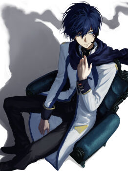 1boy absurdres black_pants black_shoes blue_eyes blue_hair blue_nails blue_scarf closed_mouth coat couch expressionless hair_between_eyes headset highres kaito_(vocaloid) long_sleeves looking_to_the_side male_focus on_couch pants scarf shoes short_hair simple_background sitting solo vocaloid wawasuke white_background white_coat