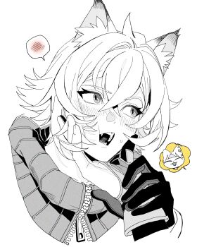 Rule 34 | 2boys, absurdres, animal ear fluff, animal ears, asaba harumasa, blush, cropped shoulders, crossed bangs, eyelashes, hand on another's face, hand on another's wrist, highres, image in speech bubble, looking to the side, male focus, multiple boys, open mouth, out of frame, partially unzipped, pd honey, seth lowell, short hair, sideways glance, simple background, speech bubble, spoken blush, spot color, sweat, teeth, white background, yaoi, zenless zone zero, zipper, zipper pull tab