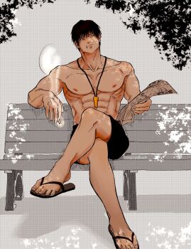 Rule 34 | 1boy, abs, bara, black hair, black male swimwear, everydayajitama, fushiguro touji, grey background, head tilt, highres, holding, holding newspaper, jujutsu kaisen, lifeguard, male focus, male swimwear, mature male, muscular, muscular male, newspaper, nipples, on bench, pectorals, scar, scar on face, scar on mouth, short hair, sitting, slippers, smoking, solo, swim trunks, topless male, tsurime, whistle, whistle around neck
