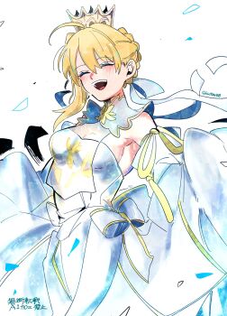 1girl ahoge artoria_pendragon_(fate) blonde_hair bow braid breast_curtain breasts closed_eyes commentary_request cowboy_shot crown detached_collar detached_sleeves dress dress_bow facing_viewer fate/grand_order fate_(series) gold_trim hair_between_eyes hair_bow happy highres kuriimu0203 light_blush long_sleeves lord_logres_(fate) lord_logres_(second_ascension)_(fate) medium_breasts open_mouth simple_background single_sidelock smile solo strapless strapless_dress teeth twitter_username upper_teeth_only white_background white_bow white_dress wide_sleeves