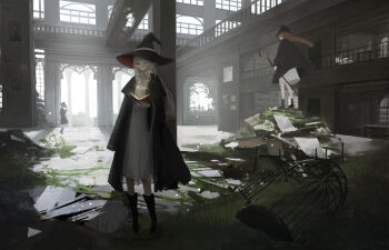 3girls abandoned absurdres birdcage black_boots black_coat black_hat book boots braid brown_hair cage chinese_commentary coat commentary_request day dress hat highres holding holding_book holding_staff indoors long_hair long_sleeves multiple_girls open_book open_clothes open_coat original pillar ruins shadow single_braid staff standing white_dress white_hair wide_sleeves witch witch_hat zorhua