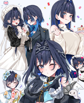 Rule 34 | 1girl, absurdres, apron, bare shoulders, black coat, black dress, black gloves, black jacket, black pants, blowing kiss, blue bow, blue eyes, blue flower, blue hair, blue kimono, blue necktie, blush, bow, bow earrings, braid, cake, chain, chain headband, chibi, closed eyes, clothing cutout, coat, coat on shoulders, commentary request, detached sleeves, dress, earrings, eighth note, flower, food, fork, gloves, hair flower, hair intakes, hair ornament, hat, heart, highres, holding, holding fork, holding plate, hololive, hololive english, jacket, japanese clothes, jewelry, kimono, looking at viewer, maid apron, mob cap, mogu (au1127), multiple views, musical note, necktie, official alternate costume, one eye closed, open mouth, ouro kronii, ouro kronii (1st costume), ouro kronii (4th costume), ouro kronii (casual), ouro kronii (maid), ouro kronii (new year), pants, plate, shaded face, shirt, short hair, shoulder cutout, simple background, sleeveless, sleeveless shirt, small sweatdrop, smile, spoken blush, spoken musical note, tongue, tongue out, turtleneck, turtleneck shirt, twin braids, white apron, white background, white flower, white hat, white shirt