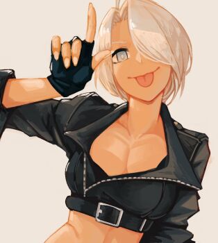 1girl angel_(kof) blue_eyes breasts female_focus gloves hand_up huge_breasts jacket large_breasts leather looking_at_viewer pale_skin short_hair the_king_of_fighters toastitos tongue tongue_out toshio white_hair