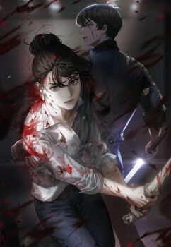 Rule 34 | 1boy, 1girl, black eyes, black hair, blackbox (blackbox9158), blood, blood on clothes, blood on face, blood on hands, blood splatter, collared shirt, fighting stance, glint, hair bun, highres, holding, holding sword, holding weapon, jung heewon, kim dokja, looking at viewer, male focus, official art, omniscient reader's viewpoint, outstretched arm, serious, shirt, short hair, sleeves rolled up, sword, third-party source, weapon, white shirt