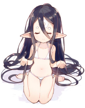1girl bare_arms bare_legs bare_shoulders barefoot bikini black_hair closed_eyes closed_mouth collarbone commentary_request facial_mark facing_viewer female_focus flat_chest forehead_mark full_body granblue_fantasy hair_between_eyes hands_up harvin long_hair meito_(maze) micro_bikini midget navel parted_bangs pointy_ears ponytail rei_(granblue_fantasy) side-tie_bikini_bottom sitting smile solo swimsuit very_long_hair wariza white_background white_bikini