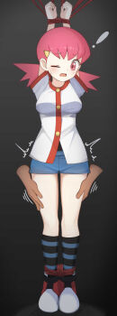 ! 1girl akacolor arms_up black_shirt blue_shorts bound bound_ankles bound_wrists breasts buttons commentary commission disembodied_hand eyelashes full_body hair_ornament hairclip hand_on_another&#039;s_thigh highres jacket looking_down nintendo one_eye_closed open_mouth pink_eyes pink_hair pokemon pokemon_hgss shirt shoes short_shorts short_sleeves shorts skeb_commission socks standing striped_clothes striped_socks thighs trembling white_jacket whitney_(pokemon)