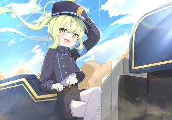1girl absurdres blue_archive blue_sky commentary green_hair green_halo halo hat highres long_hair looking_at_viewer nozomi_(blue_archive) outdoors sitting sky solo train twintails yoi0341