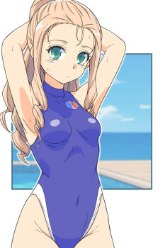 1girl armpits bc_freedom_(emblem) beach blonde_hair blue_one-piece_swimsuit blush breasts covered_navel emblem girls_und_panzer green_eyes highres long_hair looking_at_viewer marie_(girls_und_panzer) ocean one-piece_swimsuit outdoors ponytail presenting_armpit renshiu small_breasts solo swimsuit