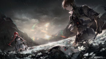 Rule 34 | 1boy, 1girl, absurdres, black hairband, cloud, cloudy sky, copyright name, dark cloud, dawn, dutch angle, field, flower, flower field, grey shirt, grey skirt, hairband, highres, holding, holding sword, holding weapon, jacket, lloyd (pgr), long hair, mol--, mountain, official art, open clothes, open jacket, outdoors, overcast, ponytail, punishing: gray raven, rain, red eyes, red hair, ribbon, scenery, shirt, short hair, skirt, sky, stare down, sword, thighhighs, v-shaped eyebrows, vera: garnet (pgr), vera (pgr), watermark, weapon, weibo watermark, white flower