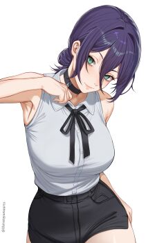 Rule 34 | 1girl, absurdres, armpits, artist name, black hair, black ribbon, black shorts, breasts, chainsaw man, closed mouth, collared shirt, green eyes, hair between eyes, hair bun, harutoyumaarts, highres, large breasts, looking at viewer, neck ribbon, reze (chainsaw man), ribbon, shirt, shirt tucked in, shorts, simple background, sleeveless, sleeveless shirt, solo, white background, white shirt