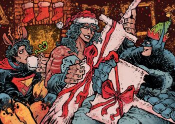 1girl 2boys absolute_batman absolute_dc absolute_superman absolute_wonder_woman axe azoinab back_spikes bat_mask batman batman_symbol box christmas dc_comics gift gift_box huge_weapon merry_christmas multiple_boys red_tattoo superhero_costume superman sword tattoo tattoo_sleeve weapon wonder_woman