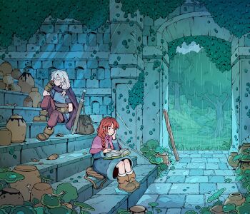 2girls blue_dress book book_on_lap boots braid brown_boots cape capelet dress fantasy hand_on_own_face head_rest highres indoors jar leather_bag multiple_girls mushroom open_book original overgrown pants pink_capelet plant purple_cape rain reading red_hair red_pants ruins scenery sheath sheathed side_braid sitting stairs sword tree underpalewater weapon white_hair