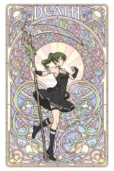 absurdres arm_strap art_nouveau bare_shoulders belt_around_waist belt_buckle black_boots black_dress black_gloves blue_hair boots buckle closed_mouth dress elbow_gloves english_text fingerless_gloves from_side gloves highres medium_hair picowan11 ponytail scythe skull sleeveless sleeveless_dress sousou_no_frieren standing standing_on_one_leg thigh_strap ubel_(sousou_no_frieren)