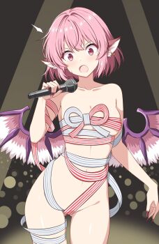 1girl alternate_costume animal_ear_piercing animal_ears bird_ears blush breasts collarbone commentary_request commission earrings highres holding holding_microphone hoop_earrings jewelry medium_breasts medium_hair microphone mystia_lorelei naked_ribbon navel no_headwear open_mouth pink_eyes pink_hair red_ribbon ribbon rise_(rise19851203) second-party_source single_earring skeb_commission solo sweat touhou variant_set white_ribbon wings