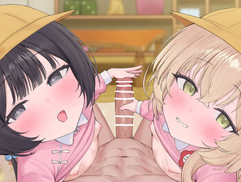 +_+ 1boy 2girls aak_(chalie363) absurdres bar_censor black_eyes black_hair blonde_hair blue_archive blush breasts censored clothes_lift cooperative_handjob ffm_threesome green_eyes grin group_sex hair_bobbles hair_ornament handjob hat hetero highres kisaki_(blue_archive) kisaki_(kindergarten_uniform)_(blue_archive) loli long_hair looking_at_viewer multiple_girls navel nipples open_mouth parted_lips penis pink_shirt pov professor_niyaniya_(blue_archive) school_hat shirt shirt_lift small_breasts smile teamwork_(sexual) threesome twintails veins veiny_penis yellow_hat
