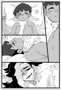 2boys age_difference amagaeru_(amapippi052525) asphyxiation black_hair blush choke_hold choker dark-skinned_male dark_skin greyscale highres hop_(pokemon) long_hair male_focus monochrome multicolored_hair multiple_boys neck_grab nintendo onii-shota piers_(pokemon) pokemon pokemon_swsh ponytail shirt short_hair smile strangling two-tone_hair yaoi