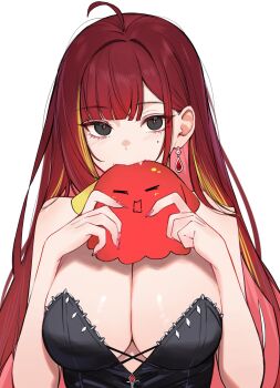 1girl ahoge akane_lize bare_shoulders biting black_eyes black_shirt breasts cleavage earrings fang hand_up hands_up highres jewelry large_breasts mole mole_under_eye multicolored_hair nail_polish pienna_(akane_lize) red_hair shirt sidelocks simple_background solo stellive strapless strapless_shirt streaked_hair talnory virtual_youtuber white_background