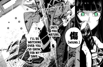 2girls bandana black_hair blunt_bangs boomerang_(earclacks) commentary earclacks english_commentary english_text green_eyes greyscale highres holding holding_boomerang holding_sword holding_weapon katana_(earclacks) monochrome multiple_girls sakanaflyer shirt sleeveless sleeveless_shirt sword weapon