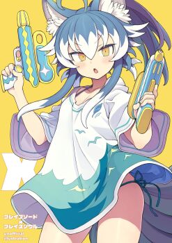 1girl bikini bikini_under_clothes blue_hair blush dual_wielding hair_between_eyes highres holding holding_water_gun looking_at_viewer morino_hon multicolored_hair open_mouth original panties shirt simple_background solo swimsuit tail two-tone_hair underwear water_gun white_hair wide_sleeves yellow_background yellow_eyes