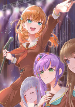 4girls :d absurdres aqua_eyes aqua_neckerchief arm_up black_choker blush bob_cut breasts brown_dress brown_hair choker closed_eyes closed_mouth colored_inner_hair commentary_request crossed_bangs diagonal_bangs dress flower fujishima_megumi green_eyes grey_hair hair_bun hair_flower hair_intakes hair_ornament hand_on_own_chest hasu_no_sora_school_uniform highres hinoshita_kaho holding holding_microphone_stand in-universe_location inverted_bob kobassy link!_like!_love_live! long_hair long_sleeves love_live! medium_breasts medium_hair microphone microphone_stand multicolored_hair multiple_girls neckerchief o-ring o-ring_choker open_mouth orange_hair otomune_kozue outstretched_arm purple_eyes purple_hair rabbit_hair_ornament red_flower red_hair red_neckerchief sailor_collar sailor_dress school_uniform short_hair side_ponytail sidelocks single_side_bun smile split_mouth stage star_(symbol) star_hair_ornament streaked_hair teeth two_side_up upper_teeth_only virtual_youtuber white_sailor_collar winter_uniform yugiri_tsuzuri
