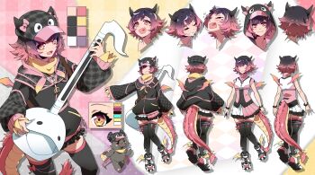 1girl black_hair black_hat black_jacket black_thighhighs blush bow bracelet buttons closed_eyes closed_mouth color_guide commentary crying dragon_girl dragon_horns dragon_tail dragon_wings drop_shadow english_commentary eyelashes fang flying_teardrops fraiki_(vtuber) from_behind full_body gradient_hair grin hat hat_bow heart heart_in_mouth highres holding holding_instrument hood hood_bow hood_down hood_up hooded_jacket horned_hat horned_hood horns indie_virtual_youtuber instrument iv4knight jacket jewelry long_sleeves mouse_(animal) multicolored_eyes multicolored_hair multiple_expressions open_mouth otamatone oversized_object pink_bow pink_hair pink_skirt plaid_clothes plaid_hat plaid_sleeves purple_hair ratki_(fraiki_(vtuber)) reference_sheet second-party_source shirt shoes skin_fang skirt sleeves_past_fingers sleeves_past_wrists smile split-color_clothes standing streaked_hair tail teeth thighhighs two-tone_skirt virtual_youtuber white_hair white_skirt wings
