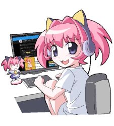 Rule 34 | 1girl, :3, animal ear headphones, animal ears, blue eyes, cat ear headphones, chair, character doll, colinarmis, commentary, english commentary, fake animal ears, from behind, headphones, keyboard (computer), looking back, miracle-chan, monitor, mouse (computer), oekaki, original, pink hair, shirt, sitting, solo, t-shirt