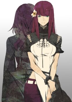 back-to-back belt black_capelet blunt_bangs breasts capelet closed_mouth devola dress flower gradient_background green_eyes grey_background hair_flower hair_ornament highres hime_cut long_hair medium_breasts midriff_peek nier:automata nier_(series) pants popola red_hair red_pants scrunchie shiyu.jyoukou short_sleeves siblings sisters straight_hair twins wavy_hair white_belt white_dress wrist_scrunchie yellow_flower