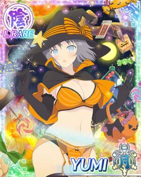 1girl :o black_capelet black_gloves black_hat blue_eyes border bow bow_panties bra breasts candy capelet card_(medium) character_name chocolate chocolate_bar cleavage elbow_gloves food full_moon game_cg gloves grey_hair halloween halloween_bucket halloween_costume hat hat_bow large_breasts magic medium_hair moon navel night official_art orange_bow orange_bra orange_garter_belt orange_garter_straps orange_panties panties senran_kagura senran_kagura_new_wave solo surprised third-party_source underwear witch_hat yumi_(senran_kagura)