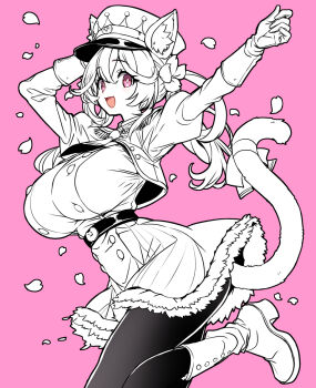 Rule 34 | 1girl, :d, animal ear fluff, animal ears, arm behind head, arms up, belt, belt buckle, boots, breasts, buckle, buttons, cat belt buckle, cat ears, cat girl, cat tail, cowboy shot, double-breasted, double-parted bangs, dress, epaulettes, gloves, greyscale with colored background, hair between eyes, hashtag-only commentary, hat, high heel boots, high heels, highres, hirowa nagi, indie virtual youtuber, large breasts, long hair, long sleeves, looking at viewer, necktie, open mouth, pantyhose, petals, pink background, pink eyes, reinya himemiya, short necktie, shrug (clothing), simple background, smile, solo, spot color, tail, virtual youtuber