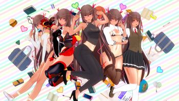 3d 5girls bare_shoulders bikini bikini_under_clothes black_bikini black_legwear black_leotard breasts cameltoe casual cosplay curvy dark-skinned_female dark_skin fingerless_gloves futaba_lili_ramses futaba_lili_ramses_(cosplay) gloves hair_ribbon happy highleg highleg_leotard highres jumping leotard long_hair looking_at_viewer mizuki_yukikaze multiple_girls multiple_persona one-piece_tan pink_eyes revealing_clothes ribbon school_uniform shiny_skin side-tie_bikini_bottom skirt small_breasts smile sports_bikini sportswear swimsuit taimanin_(series) taimanin_yukikaze tan tanline tentacle_and_witches thong thong_leotard twintails upper_body very_long_hair