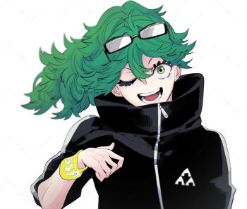 1boy bracelet dabu_(dabuchan) eyelashes glasses glasses_on_head green_eyes green_hair high_collar jacket jewelry kemono_jihen male_focus one_eye_closed open_mouth portrait solo teeth tsunamayo_watanabe white_background