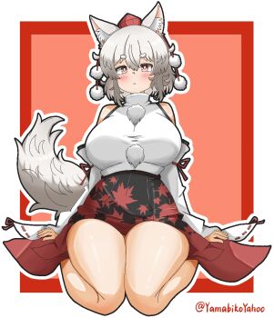 1girl animal_ear_fluff animal_ears black_skirt breasts closed_mouth commentary detached_sleeves frown full_body grey_eyes grey_hair hat huge_breasts inubashiri_momiji leaf_print looking_at_viewer maple_leaf_print pom_pom_(clothes) print_skirt red_background red_hat red_skirt ribbon-trimmed_sleeves ribbon_trim seiza shirt short_hair sitting skirt sleeveless sleeveless_shirt solo symbol-only_commentary tail tokin_hat touhou turtleneck turtleneck_shirt twitter_username two-tone_skirt white_shirt white_sleeves wolf_ears wolf_girl wolf_tail yamabikoyahoo