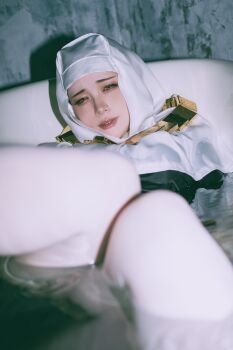 1girl 5y_mmo absurdres black_dress buddhist_nun commentary_request cosplay cosplay_photo curvy dress fate/extra fate/extra_ccc fate/grand_order fate_(series) gold_necklace highres jewelry mature_female necklace photo_(medium) sessyoin_kiara solo thighhighs white_coif white_thighhighs