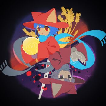 2others :o absurdres androgynous animal_hat artist_name blue_hair blue_scarf broken brown_coat brown_eyes brown_hat cat_hat child coat colored_sclera commentary english_commentary hat highres holding_bulb light_bulb long_scarf long_sleeves looking_at_viewer medium_hair multiple_others niko_(oneshot) oneshot_(game) other_focus parted_lips pungsun purple_eyes rotational_symmetry scarf sleeves_past_fingers sleeves_past_wrists the_world_machine tower wheat yellow_sclera