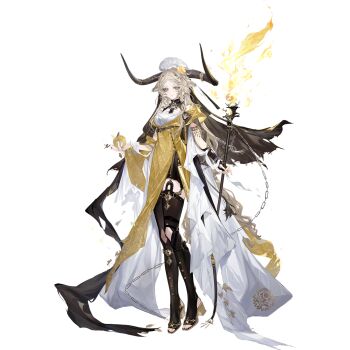 Rule 34 | 1girl, animal ears, apple, arknights, armlet, black thighhighs, blonde hair, braid, breasts, cassandra (arknights), chuzenji, clothing request, cow ears, cow girl, cow horns, dress, expressionless, fingerless gloves, fire, food, fruit, full body, garter straps, gloves, golden apple, hat, high heels, highres, holding, holding food, holding fruit, holding staff, holding torch, horns, jewelry, knee cutout, long hair, minos logo, official art, sandals, side braid, side slit, solo, staff, tachi-e, thighhighs, third-party source, torch, transparent background, yellow dress