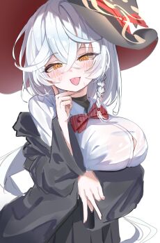 1girl @_@ arm_under_breasts black_hat black_robe black_skirt blue_archive blush bow bowtie braid breasts button_gap cheong2sei collared_shirt eri_(blue_archive) hair_between_eyes hat highres large_breasts long_hair long_sleeves looking_at_viewer open_clothes open_robe pleated_skirt red_bow red_bowtie robe shirt simple_background skirt solo tongue tongue_out v white_background white_hair white_shirt wide_sleeves witch_hat yellow_eyes